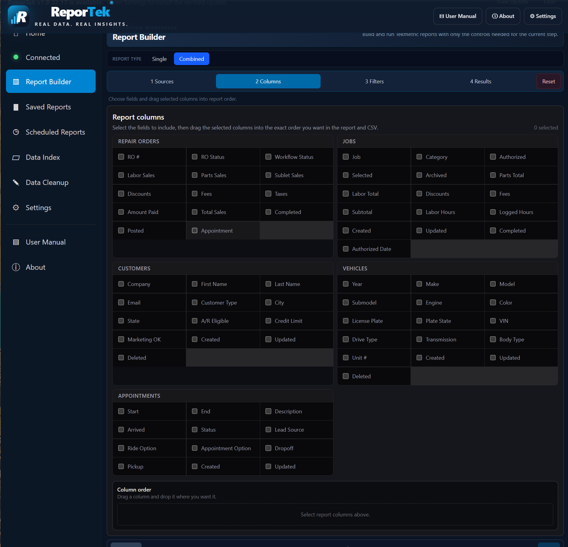 ReporTek Report Builder showing selectable report columns