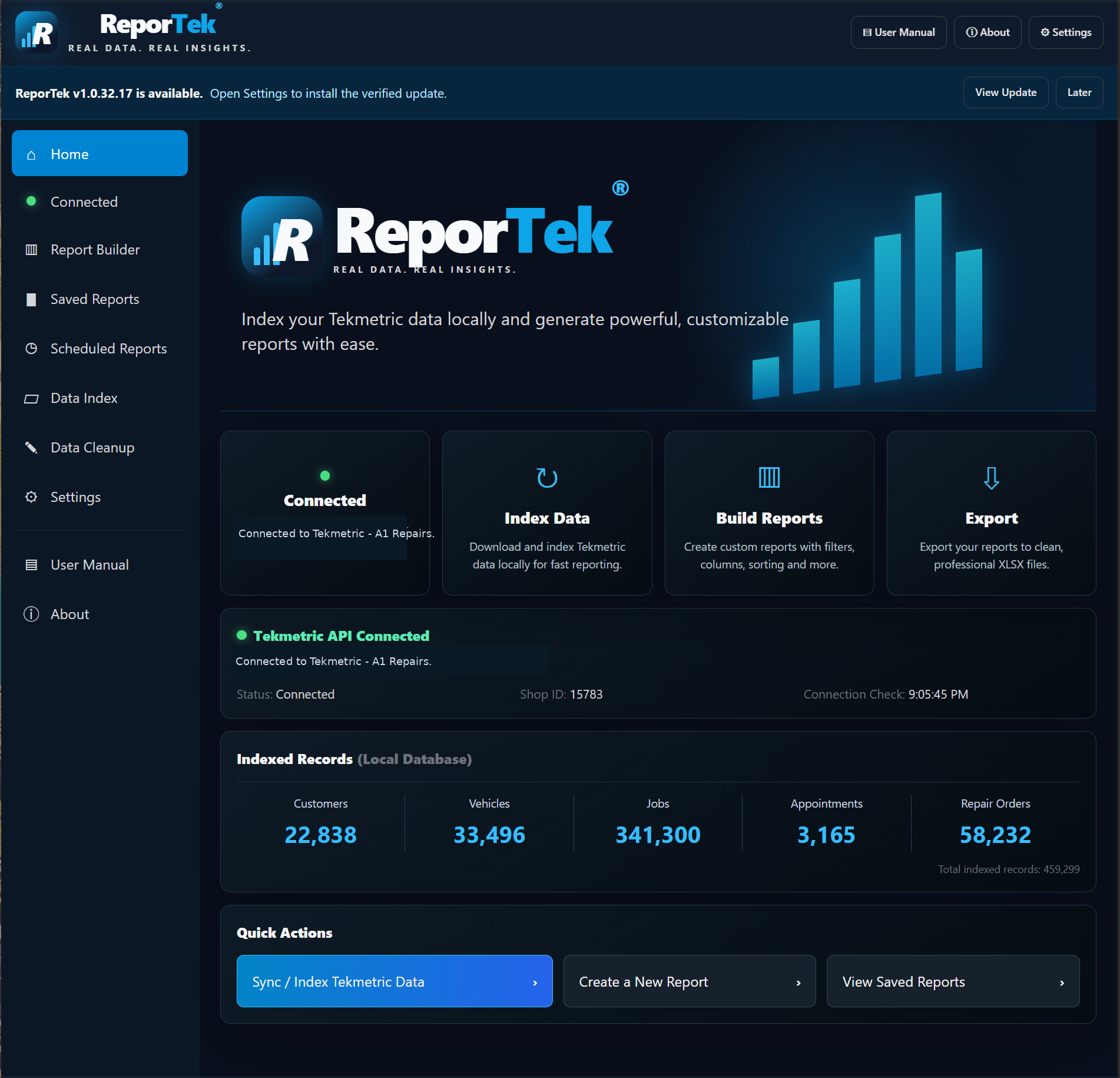 ReporTek Home dashboard showing connection status, indexed-record totals and quick actions