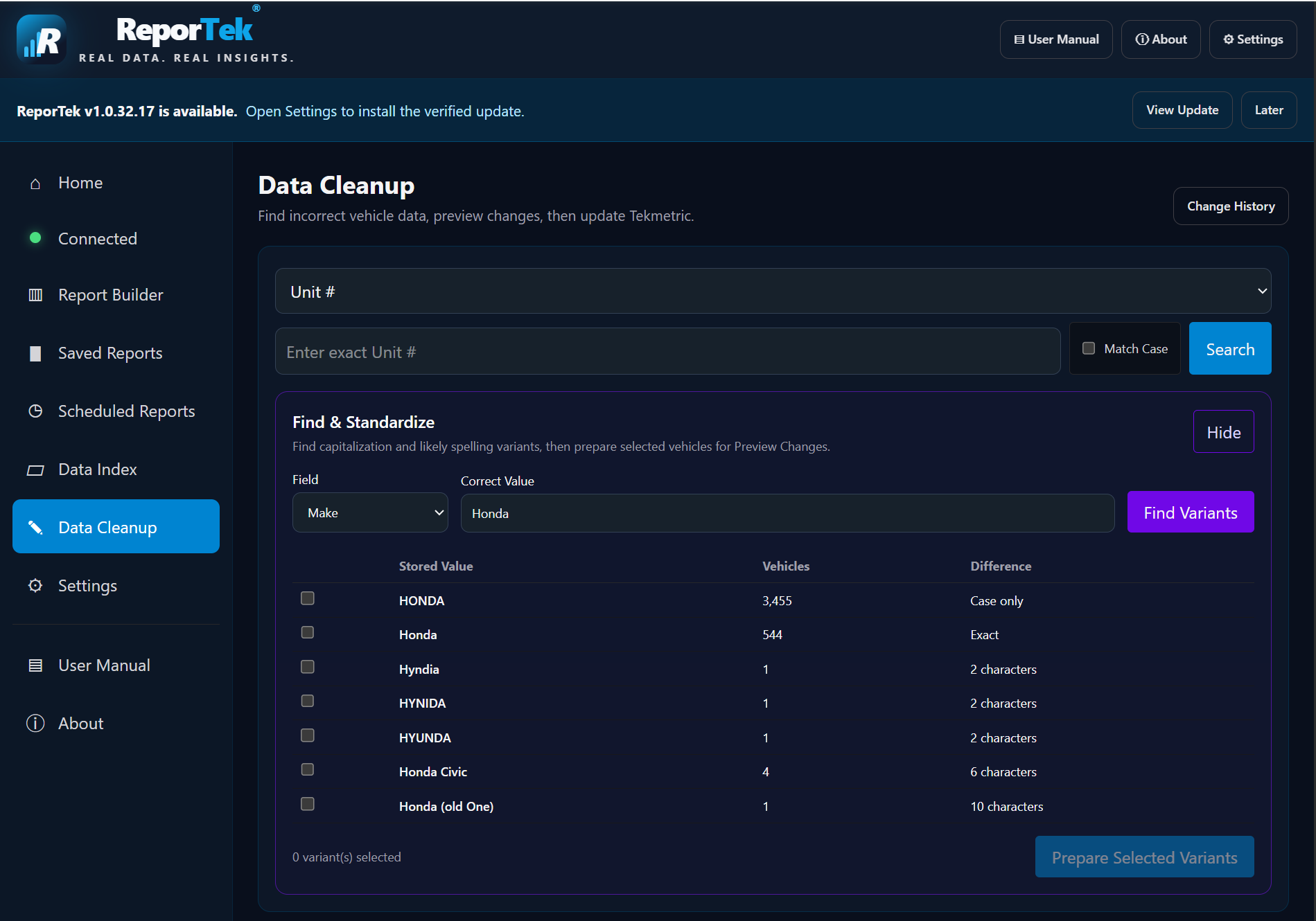 ReporTek Data Cleanup workspace